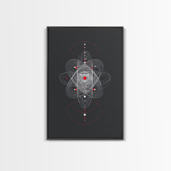 Atomic Orbit Geometry Wall Art, Red White Abstract Line Print, Midcentury Modern Decor, Space Sci Fi Poster For Office Studio