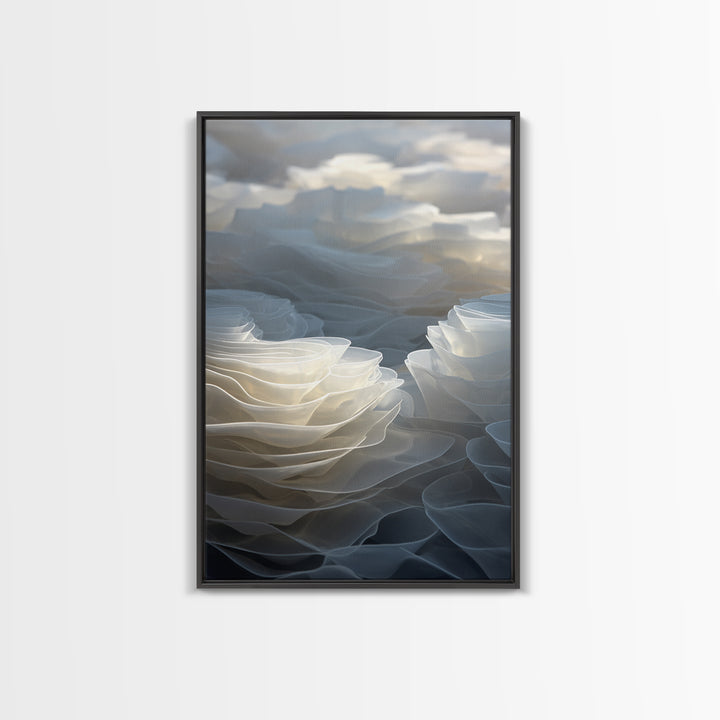 White Layered Petal Waves, Framed Canvas Print, Minimalist Wall Art, Neutral Abstract Decor, Soft Botanical Modern Artwork