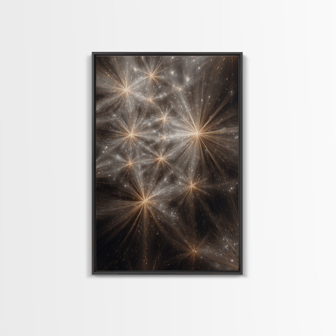 Golden Cosmic Starburst Network Framed Canvas Print, Space Abstract Art, Modern Wall Art, Statement Wall Decor, Luxury Home Decor