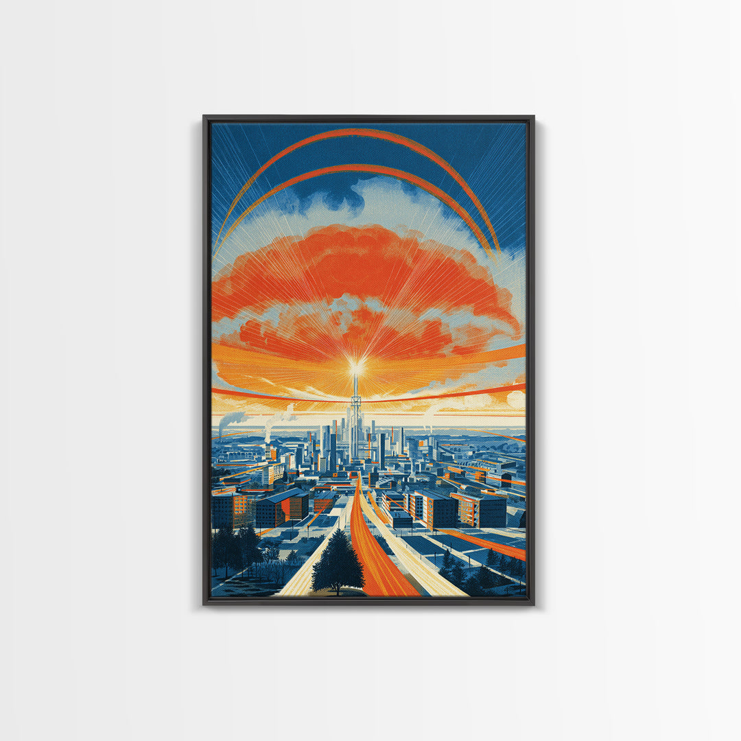 Retro Futurist City Sunset Wall Art, Orange Blue Midcentury Modern Poster, Architectural Art, Travel Wall Decor, Large Print