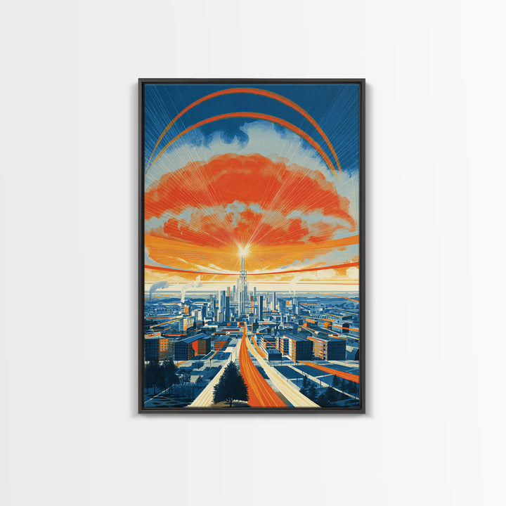 Retro Futurist City Sunset Wall Art, Orange Blue Midcentury Modern Poster, Architectural Art, Travel Wall Decor, Large Print