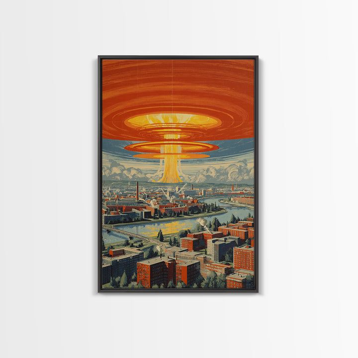 Retro Futuristic City With Orange Saucer Beam, Canvas Print, Mid Century Modern Wall Art, Sci Fi Poster, Atomic MCM Decor