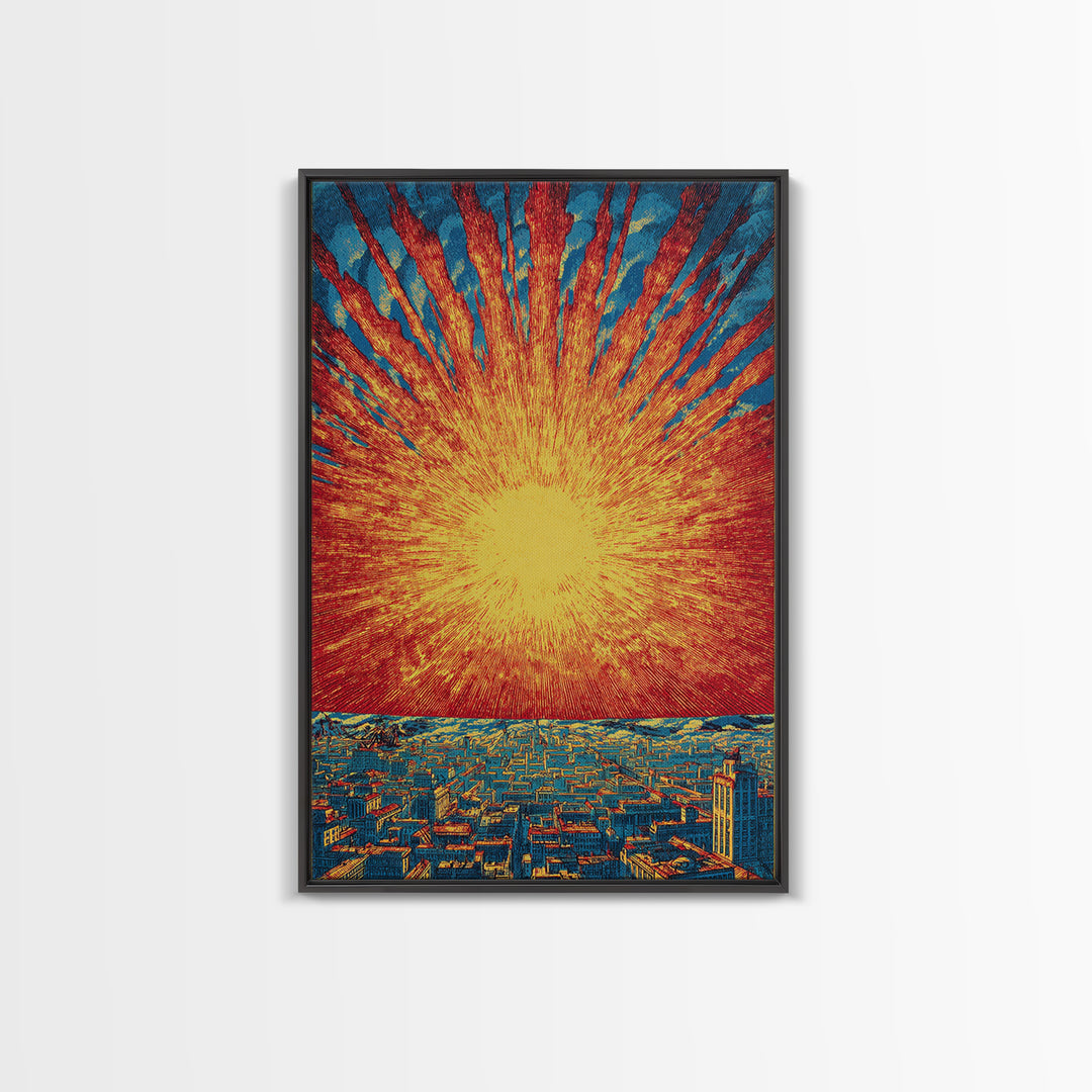 Fiery Solar Burst Over City Skyline, Wall Art, Mid Century Modern Art Print, Retro Sci Fi Poster, Atomic Orange Home Decor