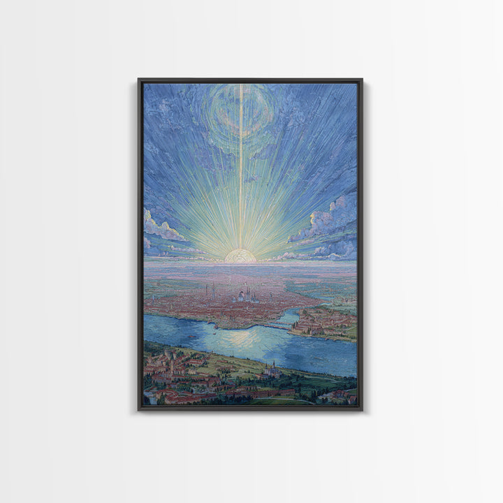 Pastel Sunrise Over Historic Waterfront City, Framed Canvas Print, Modern Wall Art, Scenic Travel Poster, Blue Home Decor