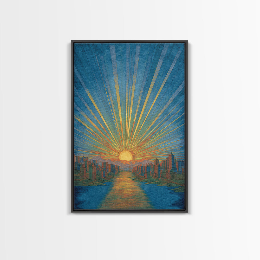 Blue River Sunset Over Modern City Skyline, Wall Art, Mid Century Modern Art Print, Retro Sun Poster, Teal Orange Decor