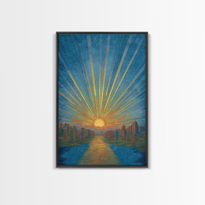 Blue River Sunset Over Modern City Skyline, Wall Art, Mid Century Modern Art Print, Retro Sun Poster, Teal Orange Decor