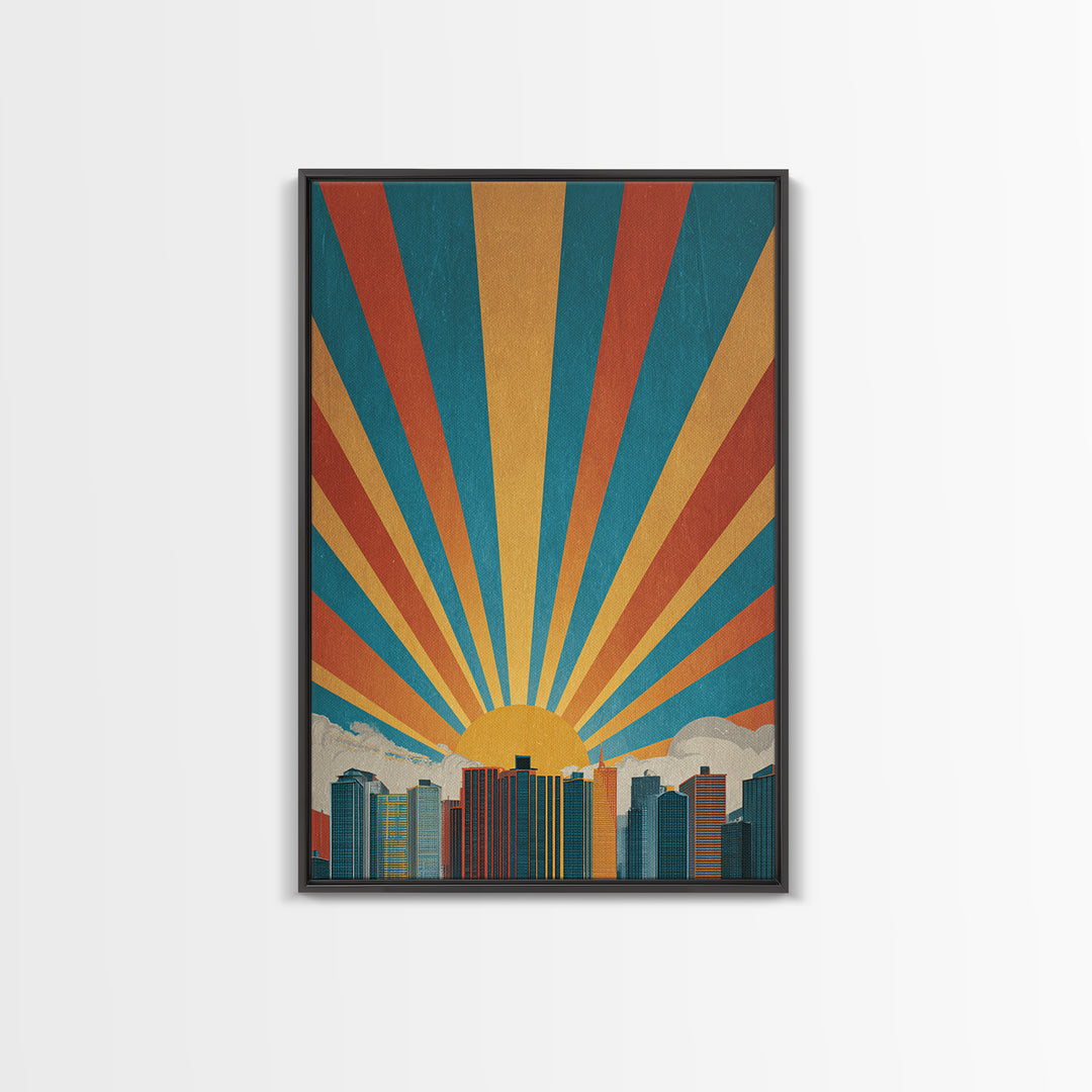 Bold Sunrise Behind Downtown Skyline, Canvas Print, Mid Century Modern Wall Art, Retro Geometric Poster, Teal Orange Decor