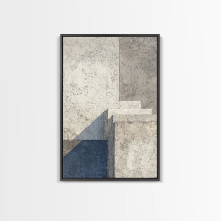 Minimal Concrete Stair Shadow Canvas Print, Modern Abstract Wall Art, Neutral Architectural Decor, Blue Beige Office Poster