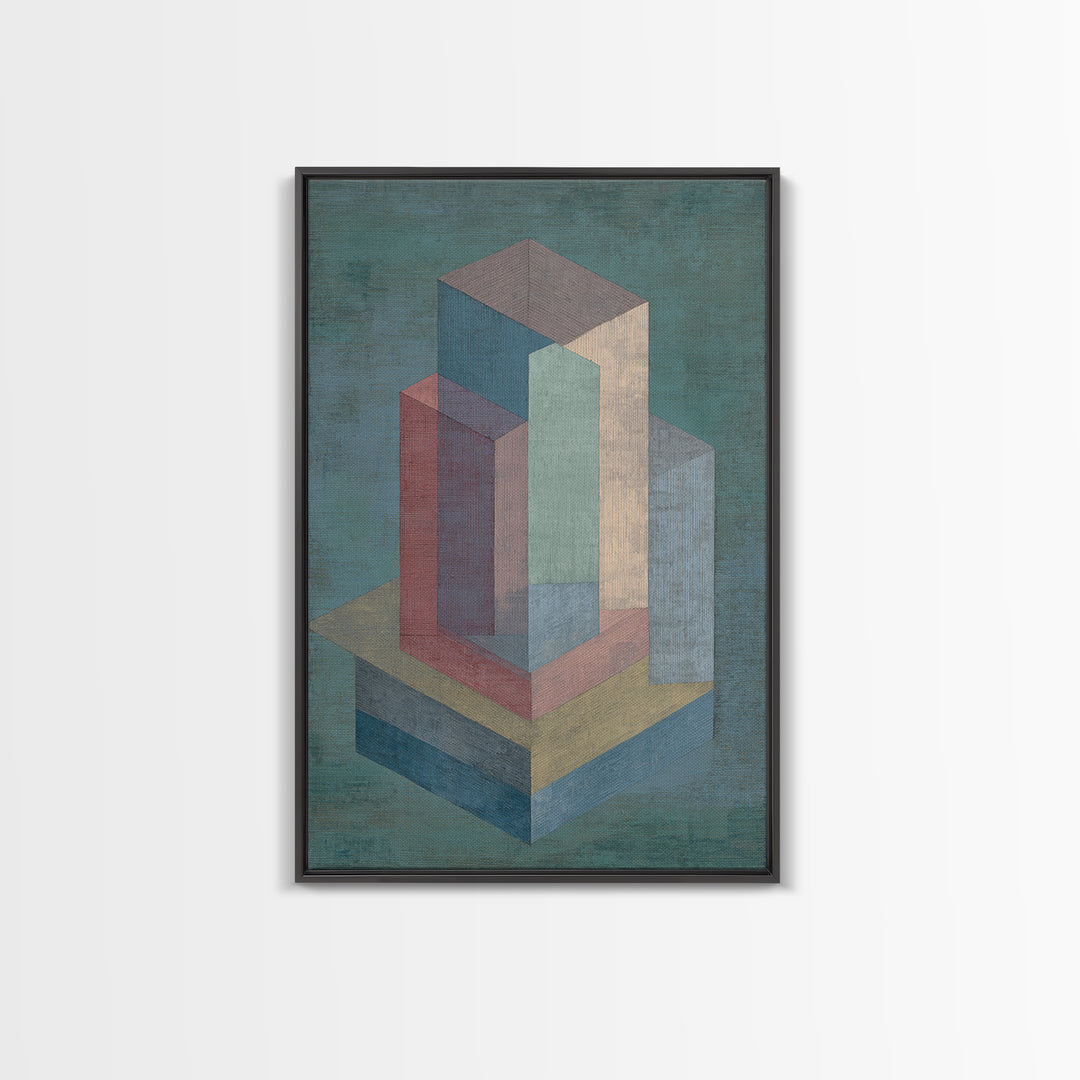 Teal Isometric Blocks Framed Canvas Print, Midcentury Modern Geometric Wall Art, Pastel Architecture Decor, MCM Artwork Print