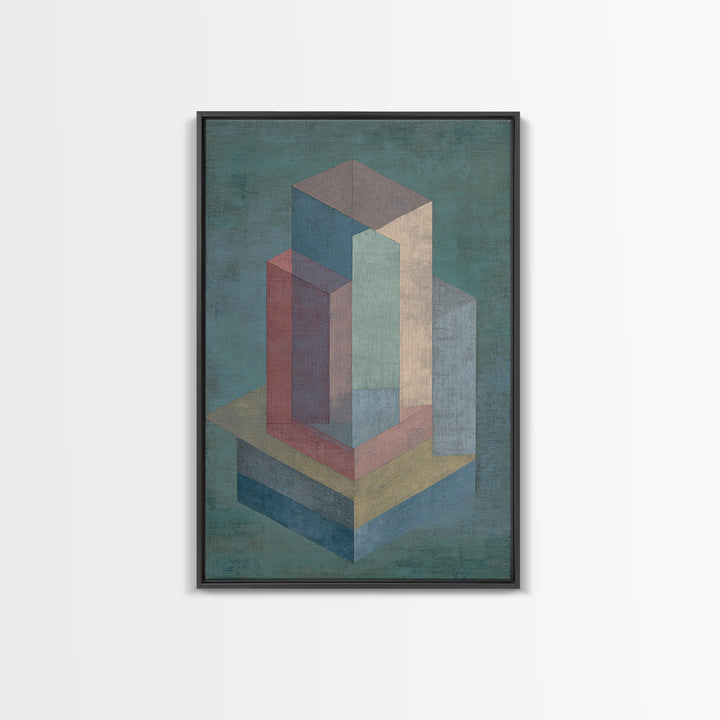Teal Isometric Blocks Framed Canvas Print, Midcentury Modern Geometric Wall Art, Pastel Architecture Decor, MCM Artwork Print