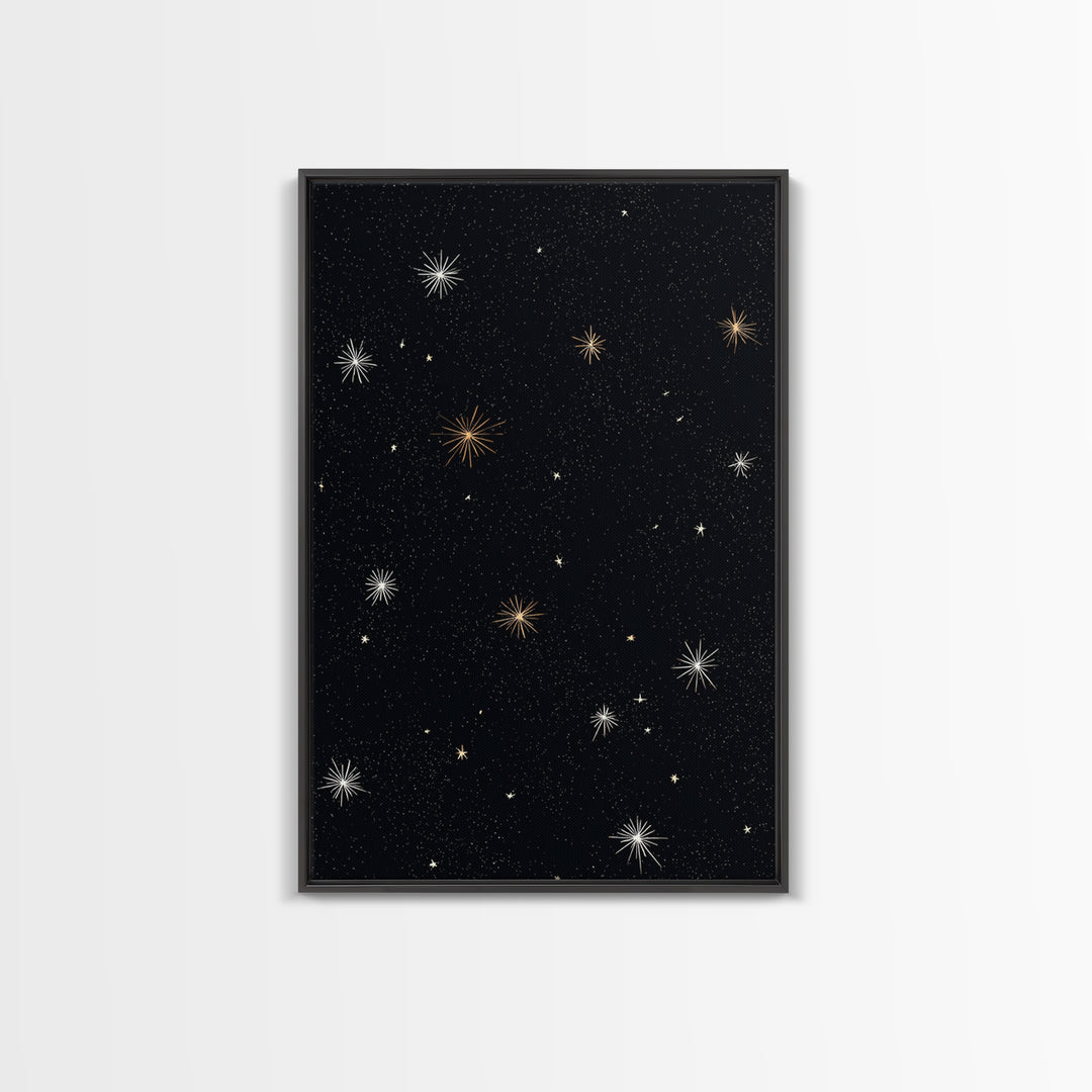 Black Night Sky Starburst Canvas Print, Gold White Celestial Wall Art, Retro Space Poster, Minimal Cosmic Modern Decor Print