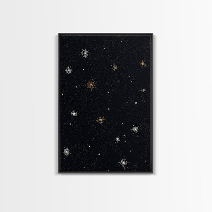 Black Night Sky Starburst Canvas Print, Gold White Celestial Wall Art, Retro Space Poster, Minimal Cosmic Modern Decor Print