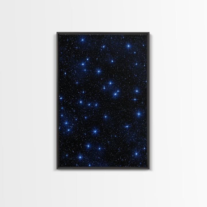 Deep Blue Starry Sky Framed Canvas Print, Space Abstract Wall Art, Cosmic Retro Poster, Modern Celestial Home Decor, Night Sky Print