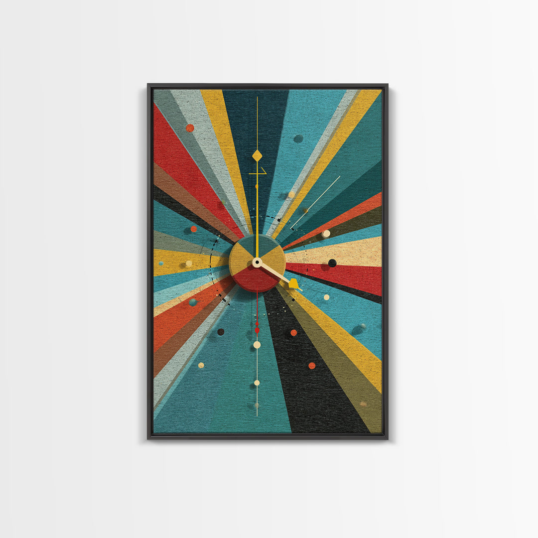 Textured Atomic Clock Sunburst Framed Canvas Print, Midcentury Modern Wall Art, Geometric MCM Poster For Living Room Decor