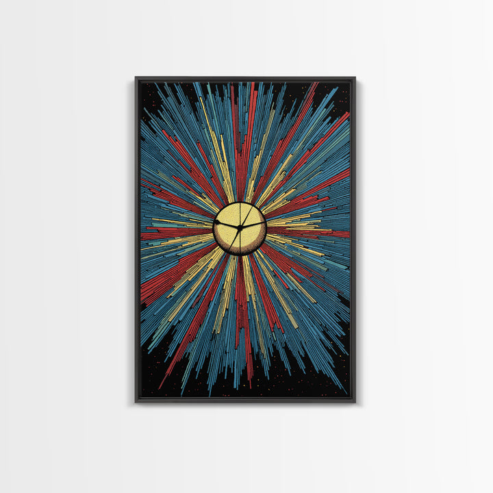 Bold Halftone Sunburst Clock Canvas Print, Retro Midcentury Wall Art, Atomic Space Poster, Colorful Modern Home Decor Gift