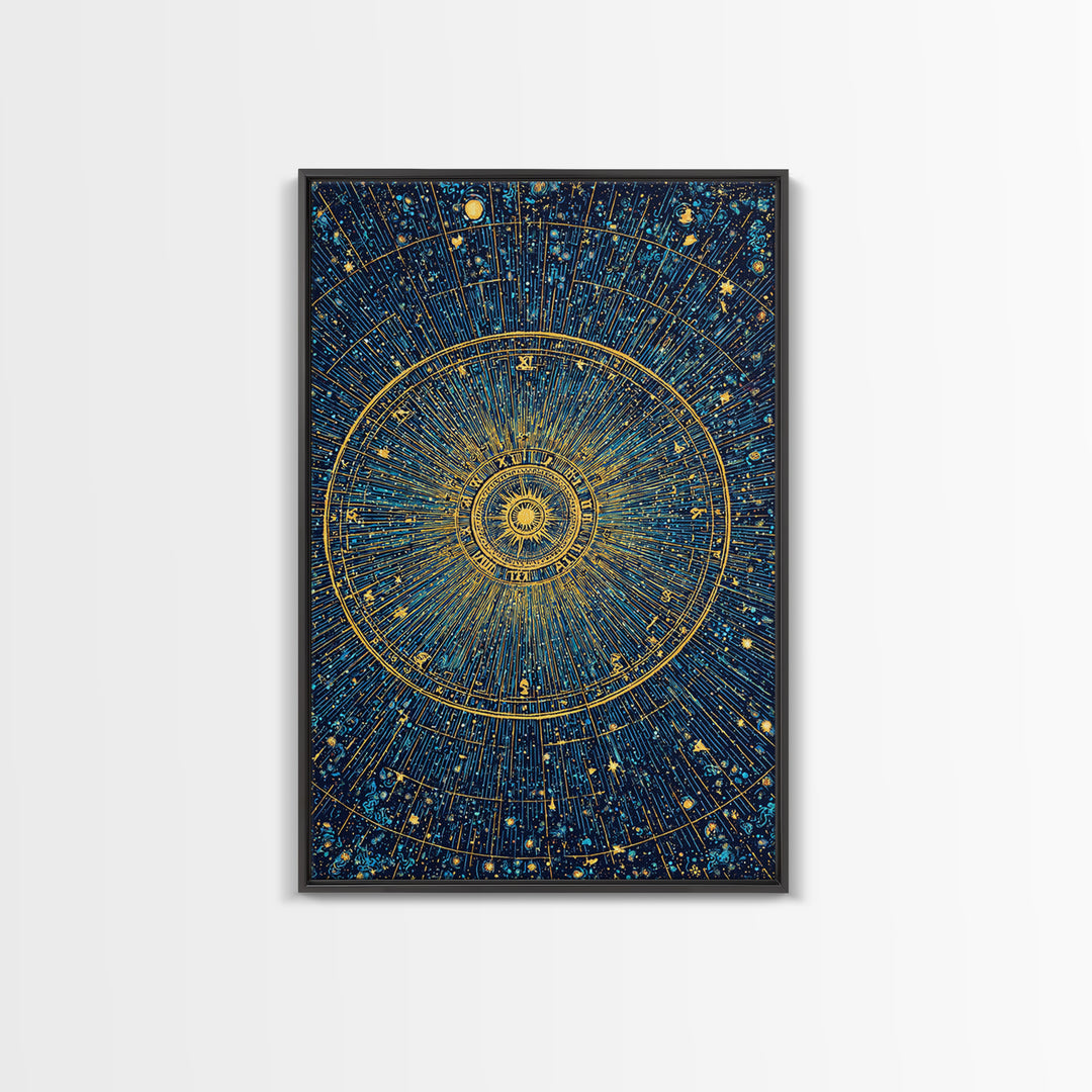 Gold Zodiac Star Chart Wall Art, Celestial Astronomy Poster, Cosmic Midcentury Modern Art Print, Navy Blue Home Decor Gift