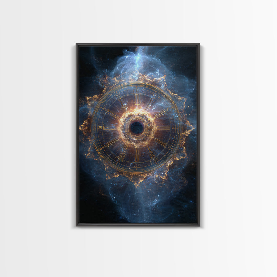 Glowing Cosmic Zodiac Clock Framed Canvas Print, Nebula Space Wall Art, Astrology Poster, Luxury Celestial Home Decor Gift