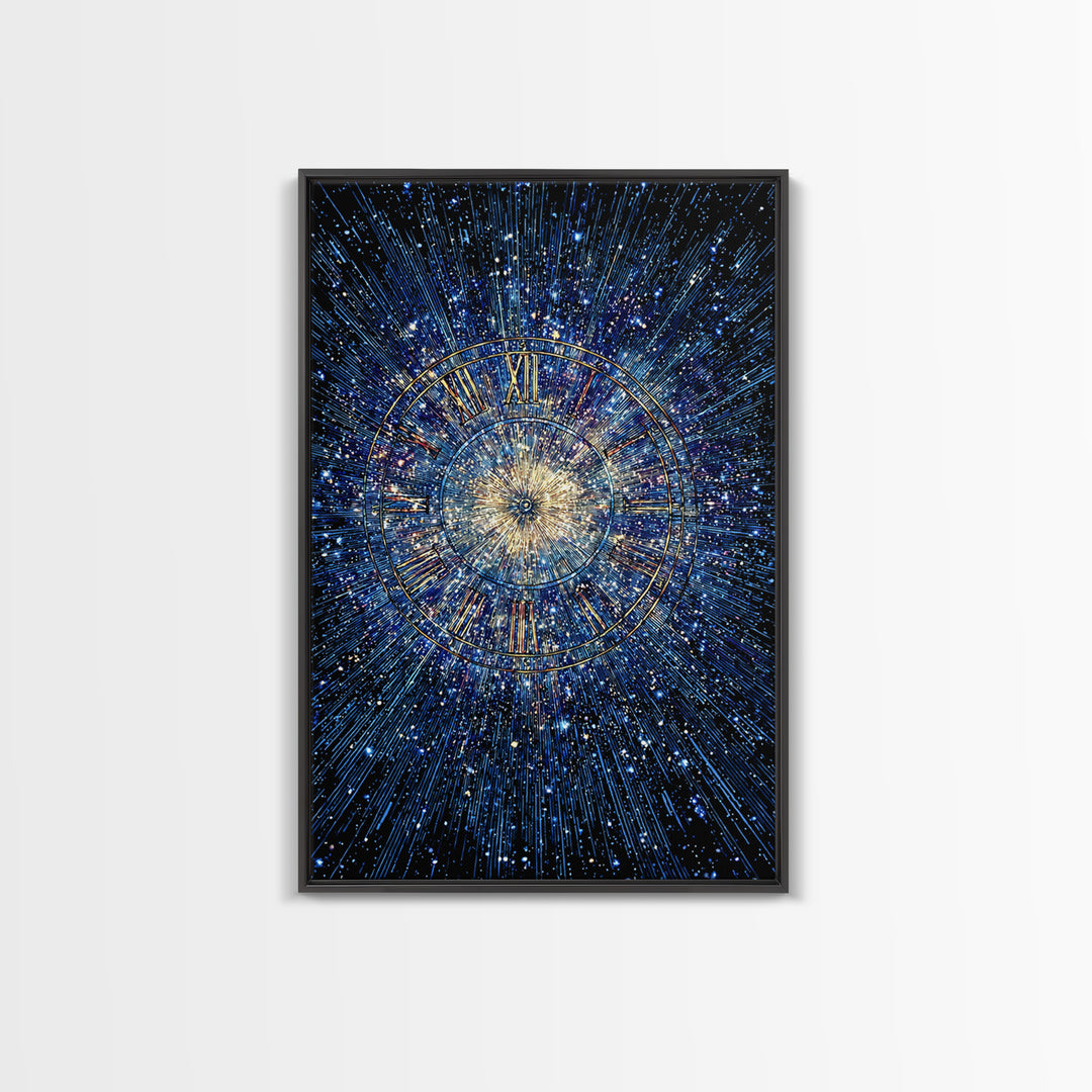 Blue Galaxy Roman Numeral Clock Canvas Print, Celestial Space Wall Art, Cosmic Starburst Poster, Modern Home Office Decor