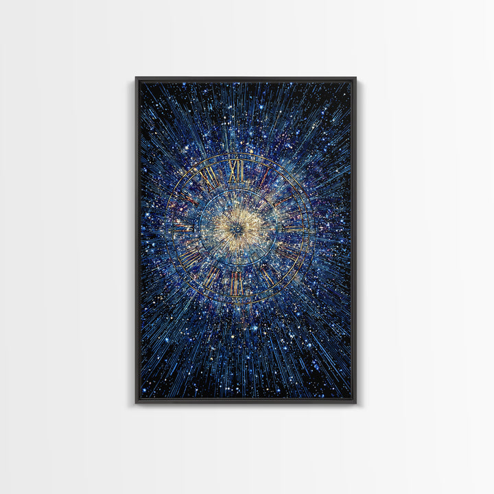 Blue Galaxy Roman Numeral Clock Canvas Print, Celestial Space Wall Art, Cosmic Starburst Poster, Modern Home Office Decor