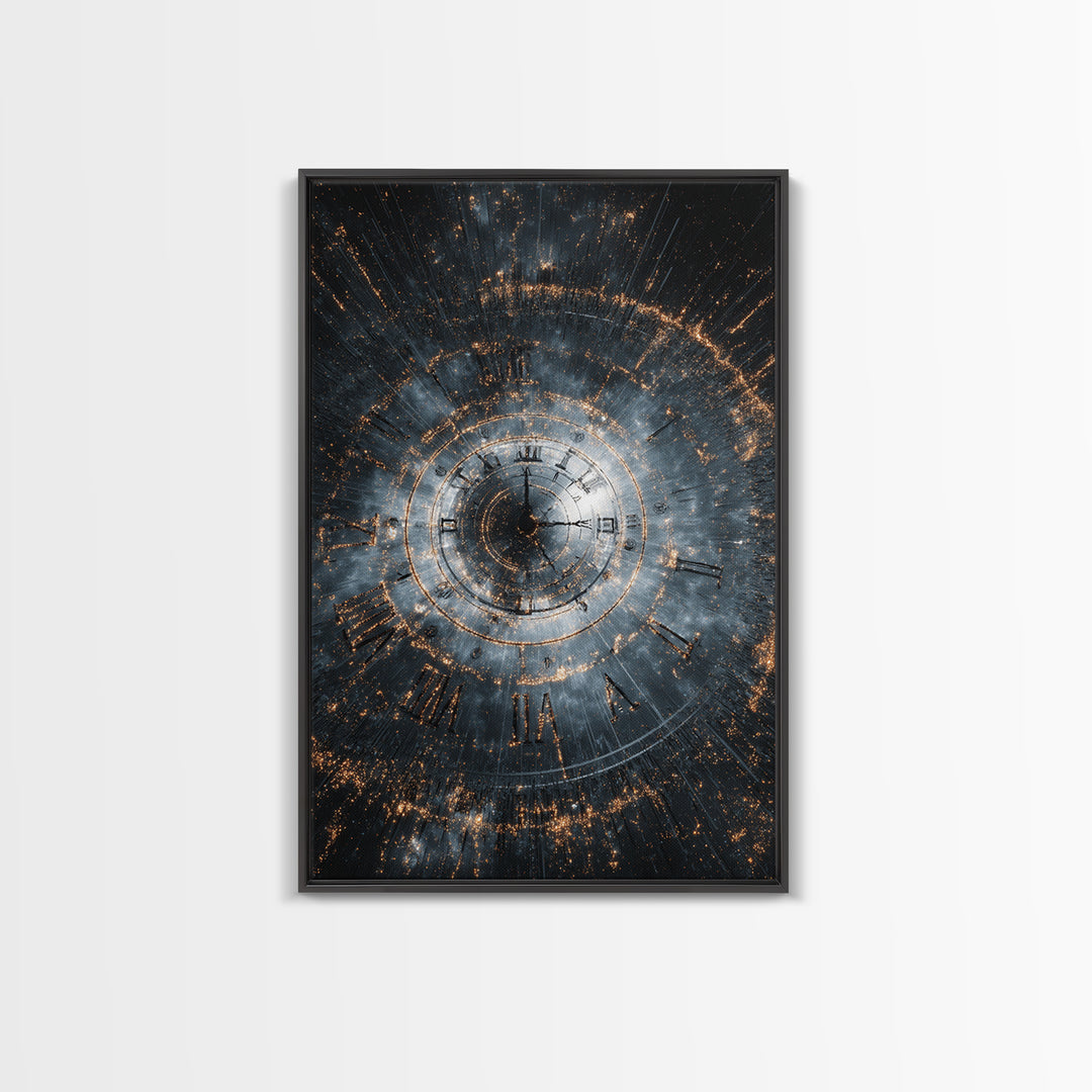 Smoky Spiral Time Clock Wall Art, Roman Numeral Galaxy Poster, Cosmic Framed Canvas Print, Dark Modern Office Decor Gift