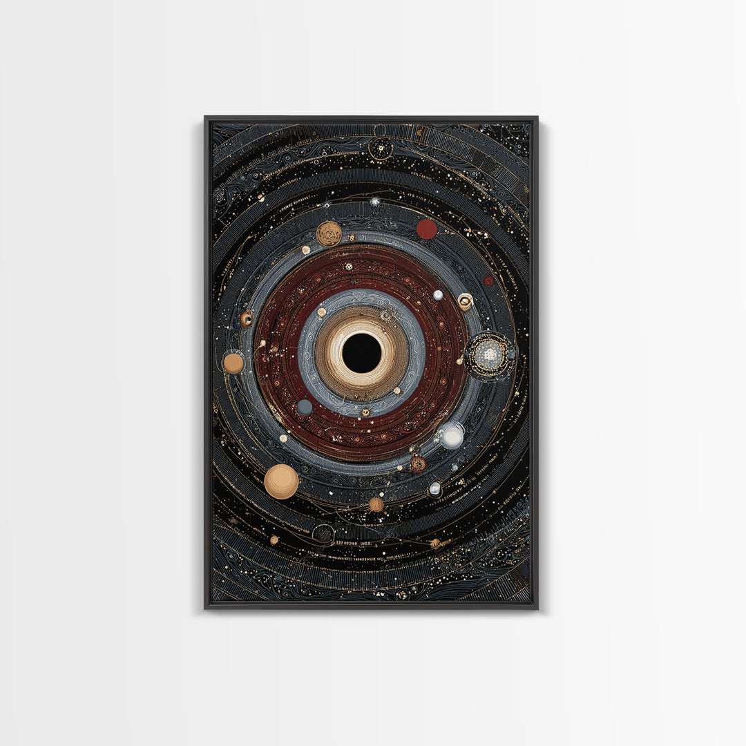 Ornate Black Hole Orbit Wall Art, Cosmic Midcentury Modern, Dark Space Abstract Art, Geometric Wall Decor, Statement Poster