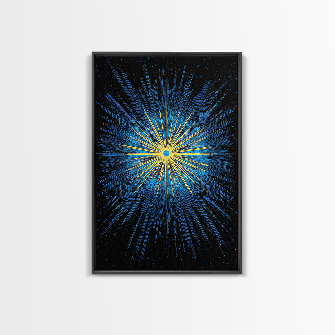 Blue Yellow Cosmic Starburst Wall Art, Space Abstract Art, Modern Digital Art, Retro Sci Fi Poster, Kids Room Decor, Large Print