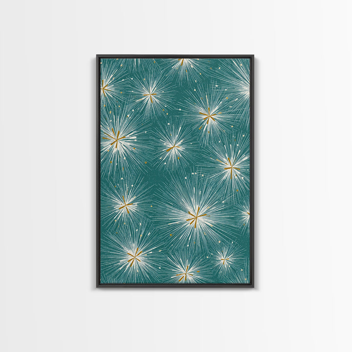 Teal Atomic Starburst Pattern Wall Art, Midcentury Modern Art Print, Retro Wall Decor, Gold White Abstract Home Decor Print