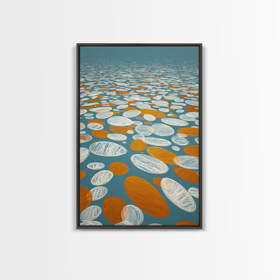 Orange White Floating Pebble Wall Art, Modern Abstract Art Print, Retro Geometric Decor, Blue Coastal Perspective Poster