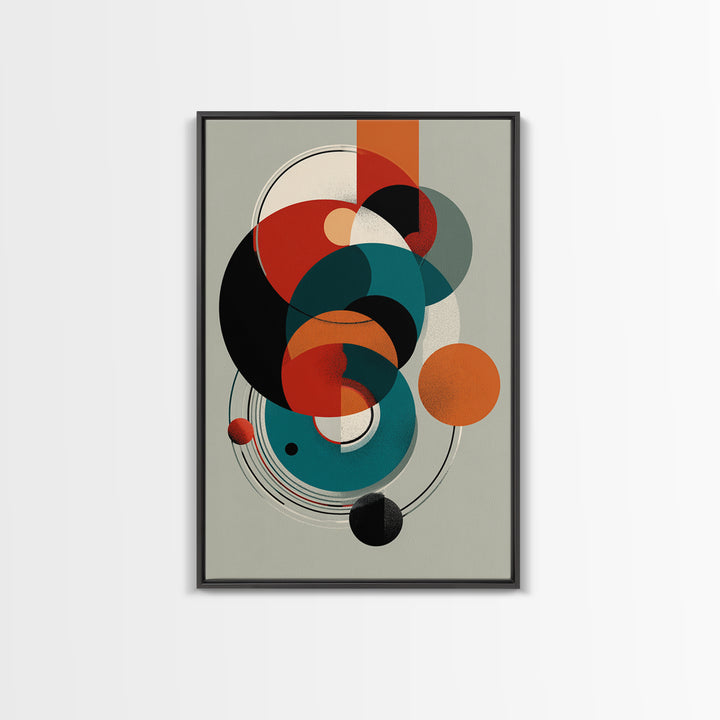 Orange Teal Geometric Circles Framed Canvas Print, Midcentury Modern Wall Art, Bauhaus Abstract Decor, Retro Home Decor Print