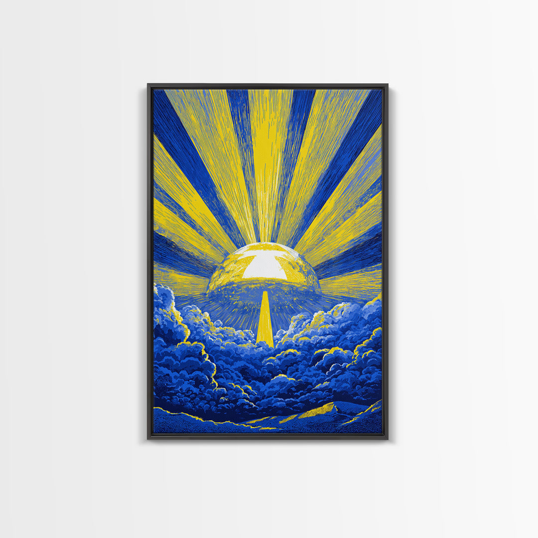 Blue Yellow Celestial Sunburst Canvas Print, Mid Century Modern Wall Decor, Abstract Sun Rays, Cosmic Retro Poster For Living Room