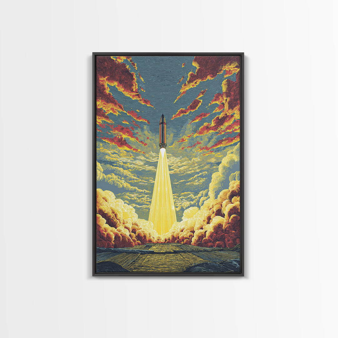 Golden Rocket Launch Framed Canvas Print, Mid Century Modern Space Wall Art, Retro Sci Fi Poster, Dramatic Cloudscape Decor