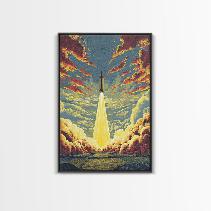 Golden Rocket Launch Framed Canvas Print, Mid Century Modern Space Wall Art, Retro Sci Fi Poster, Dramatic Cloudscape Decor