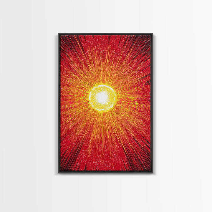 Blazing Red Solar Sun Wall Art, Mid Century Modern Abstract Poster, Orange Yellow Energy Rays, Atomic Retro Decor Print Gift