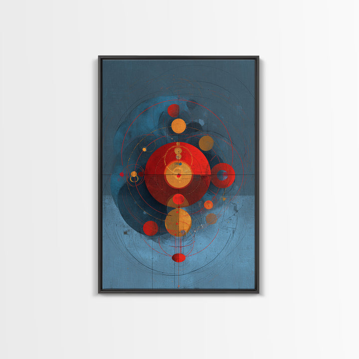 Blue Red Orbital Geometry Canvas Print, Mid Century Modern Abstract Wall Art, Atomic Circles Poster, Bauhaus Home Decor Gift