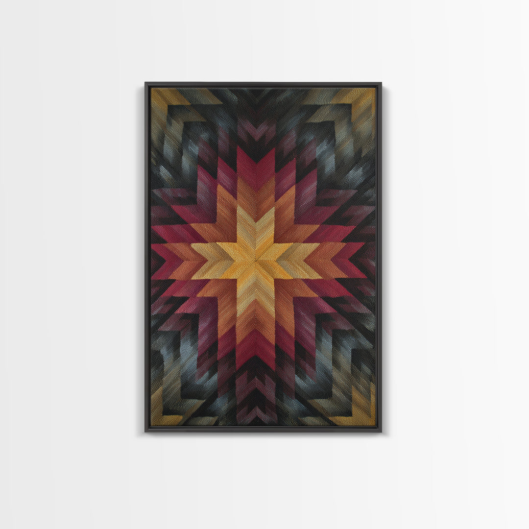 Southwestern Geometric Star Quilt Canvas Print, Midcentury Modern Wall Decor, Red Gold Black Abstract Statement Art For Living Room