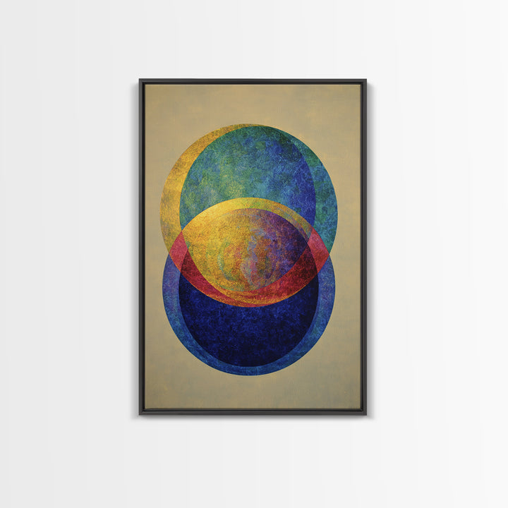 Overlapping Circle Geometry Framed Canvas Print, Mid Century Modern Abstract Wall Art, Colorful Bauhaus Decor, Textured Poster
