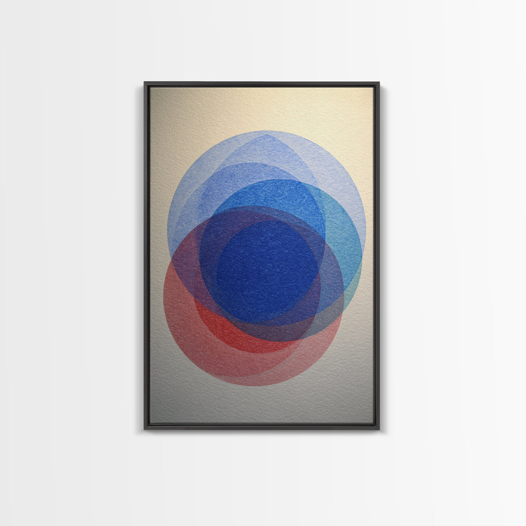 Soft Blue Red Overlapping Circles Framed Canvas Print, Minimalist Midcentury Modern Wall Art, Geometric Bedroom Decor, Blue Art Print