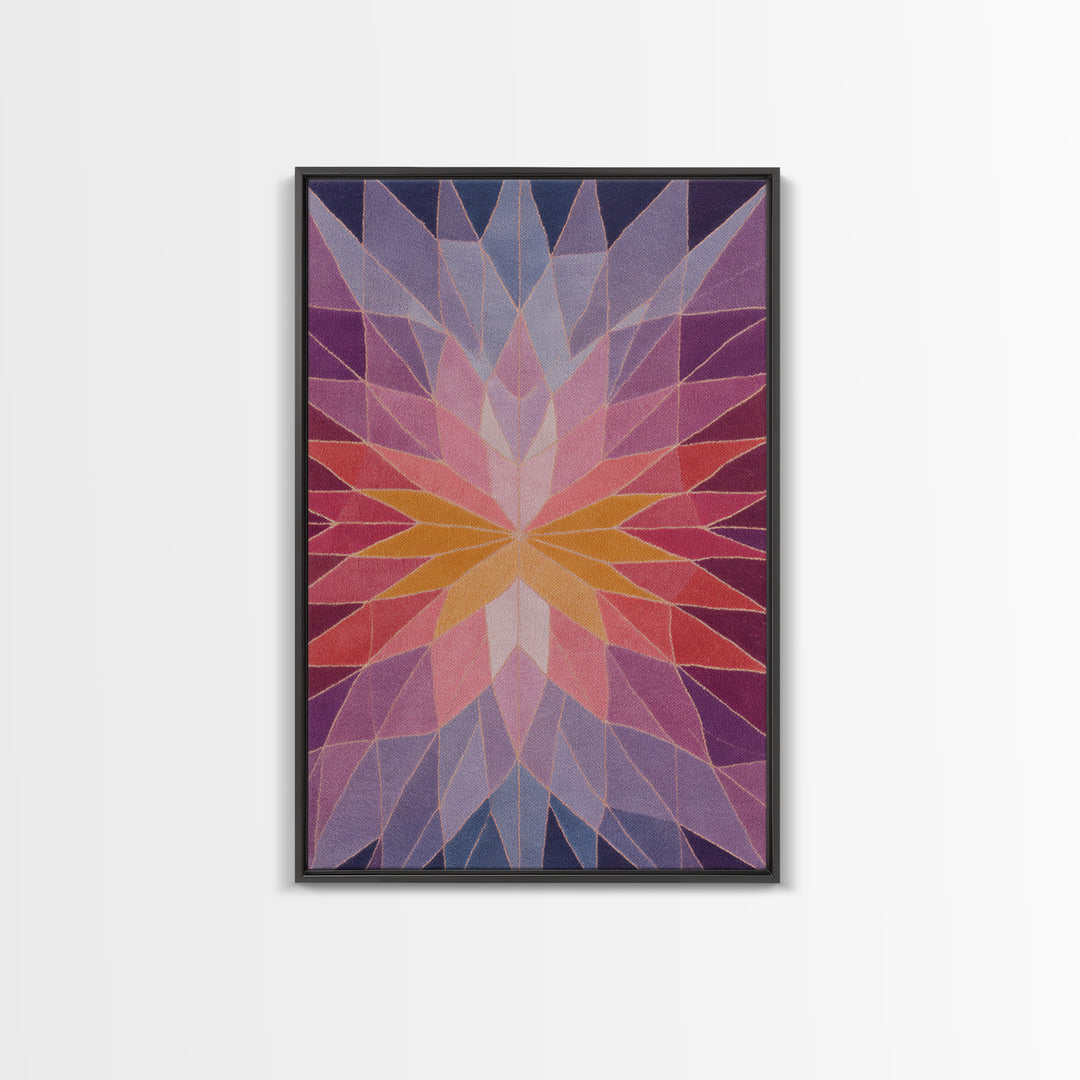 Pink Orange Faceted Star Flower Canvas Print, Midcentury Modern Abstract Art, Geometric Wall Decor For Bedroom Living Room