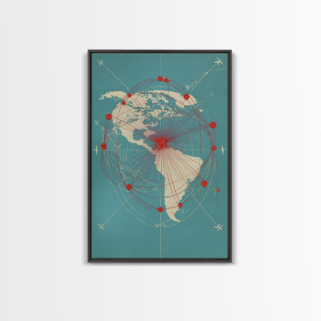 Retro Americas Flight Route Map Canvas Print, Midcentury Modern Travel Wall Decor, Teal Red Atomic Aviation Poster For Office