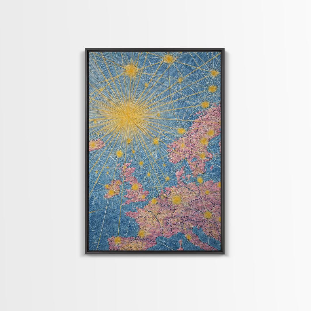 Europe Flight Route Map Canvas Print, Midcentury Modern Travel Wall Decor, Blue Pink Atomic Aviation Poster For Office Living Room