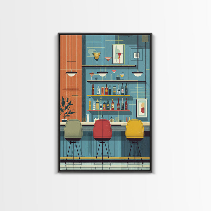 Colorful Retro Cocktail Bar With Three Chairs Canvas Print, Midcentury Modern Wall Decor, Bar Cart Art, Kitchen Poster Gift