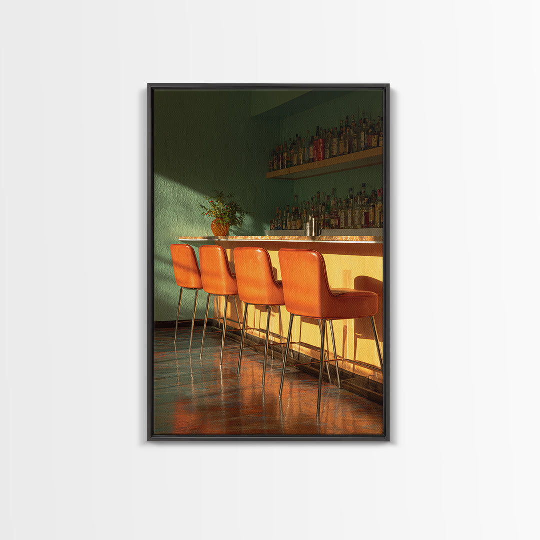 Green And Orange Sunlit Cocktail Bar With Stools Canvas Print, Midcentury Modern Wall Art, Retro Decor, Warm Lounge Poster