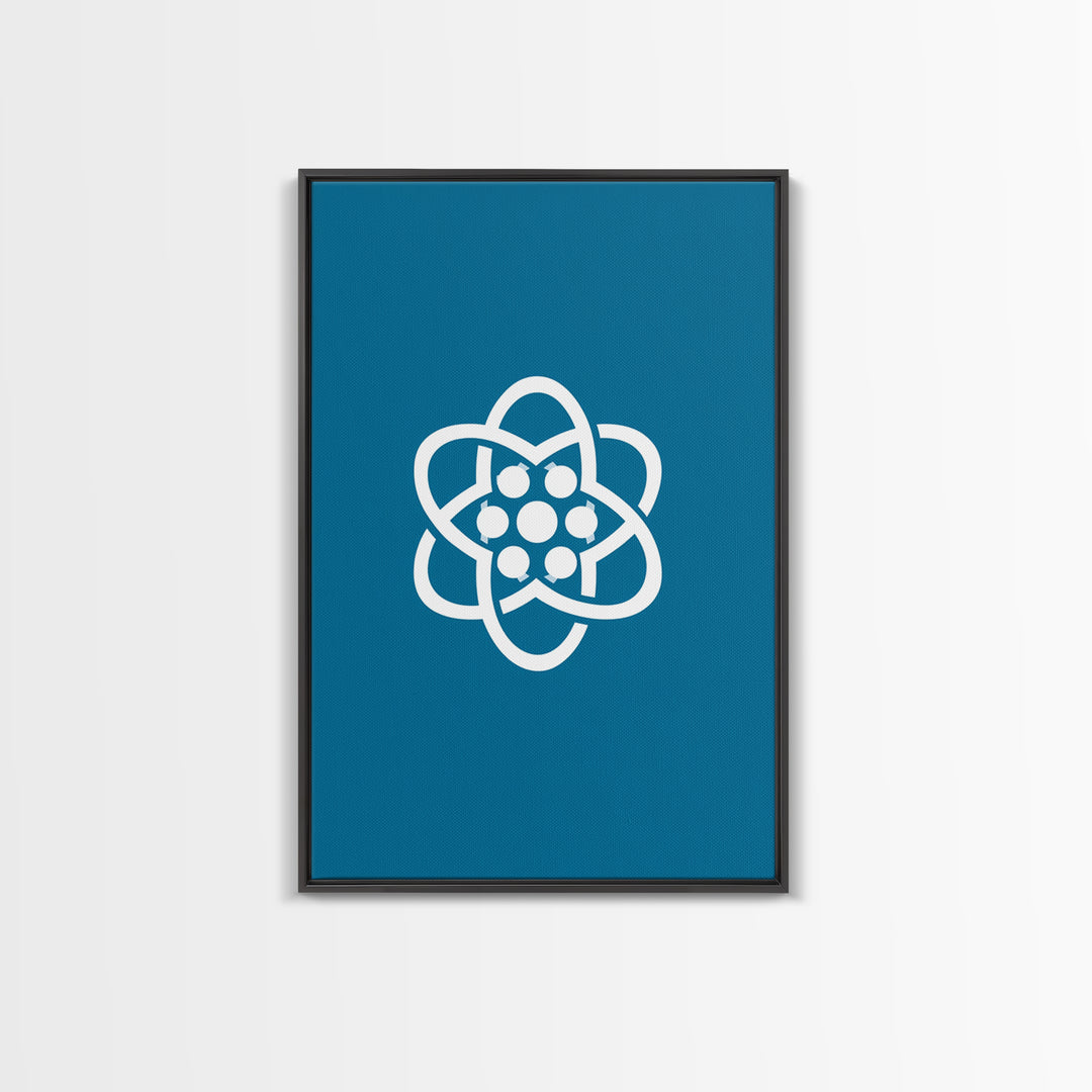 Minimal White Atomic Symbol On Teal Blue Wall Art, Midcentury Modern Space Poster, Geometric Art Print, Retro Office Decor