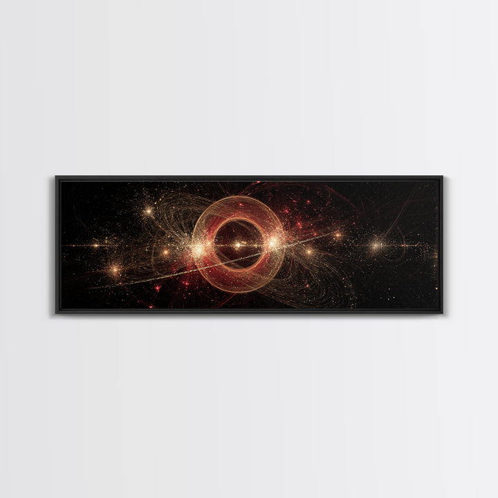 Glowing Cosmic Ring With Gold Sparks Wall Art, Abstract Space Poster, Modern Wall Decor, Galaxy Print, Black Red Home Decor