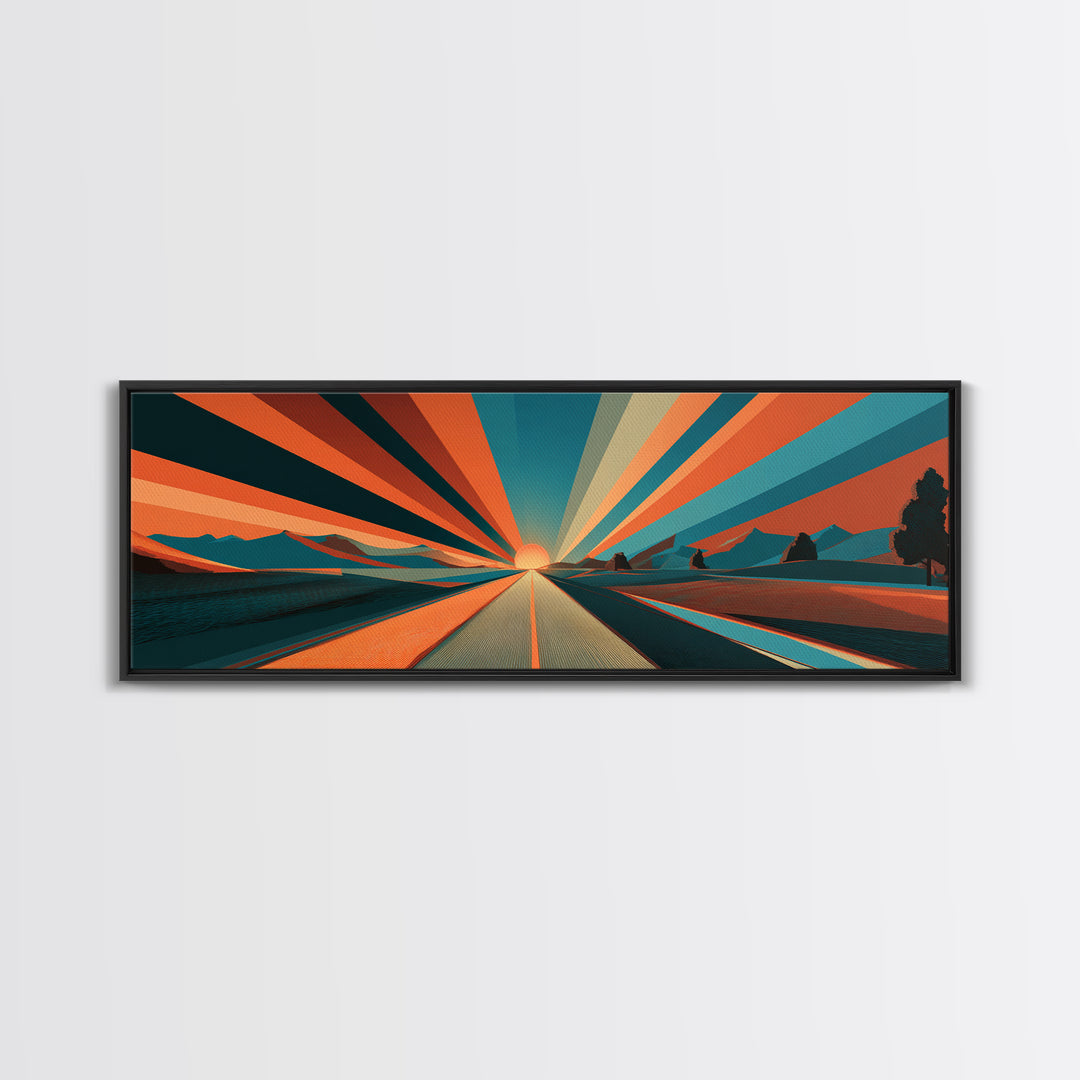 Retro Desert Road Sunburst Canvas Print, Midcentury Modern Wall Art, Orange Teal Landscape Poster, Palm Springs Decor Gift