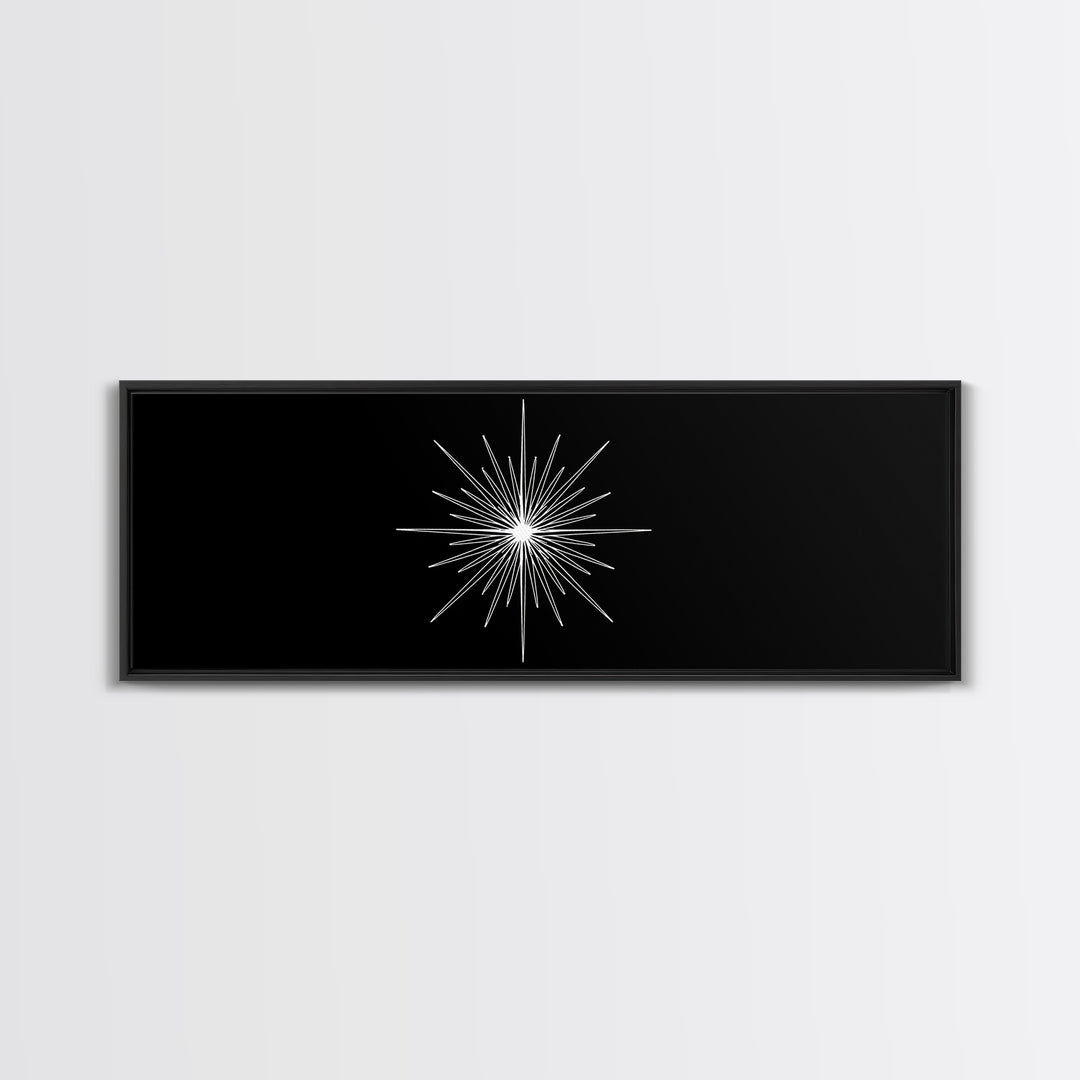 White Atomic Starburst On Black Wall Art, Mid Century Modern Decor, Retro Geometric Print, Minimalist MCM Wall Decor, Abstract Art