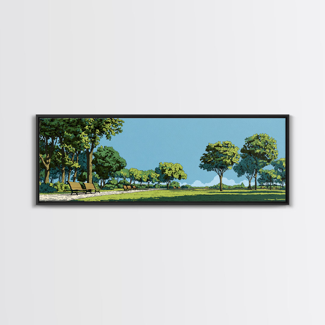 Sunny Green Park With Benches Wall Art, Mid Century Modern Landscape Print, Nature Wall Decor, Scenic Living Room Art, Office Decor