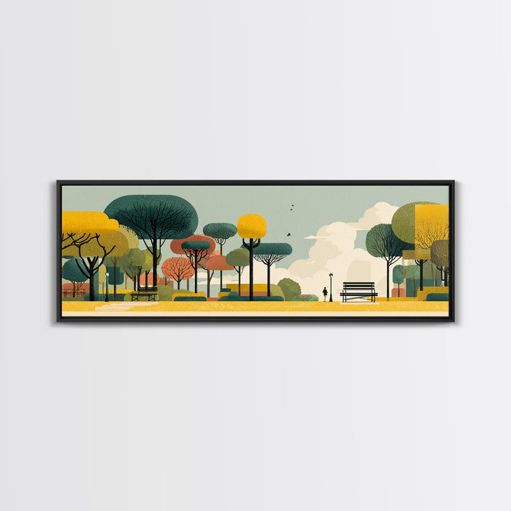 Autumn Modern Park With Benches Canvas Print, Mid Century Modern Art, Scandinavian Landscape Poster, Colorful Nature Decor