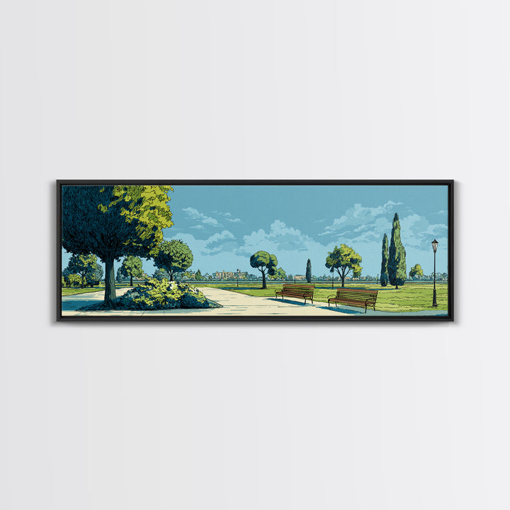 Blue Lakeside Park With Benches Wall Art, Mid Century Modern Landscape Print, Scenic Nature Poster, Home Office Wall Decor