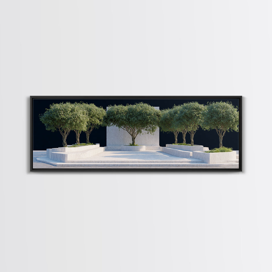 Mediterranean Olive Tree Courtyard Framed Canvas Print, Modern Wall Art, Architectural Landscape, Minimalist Home Decor Art